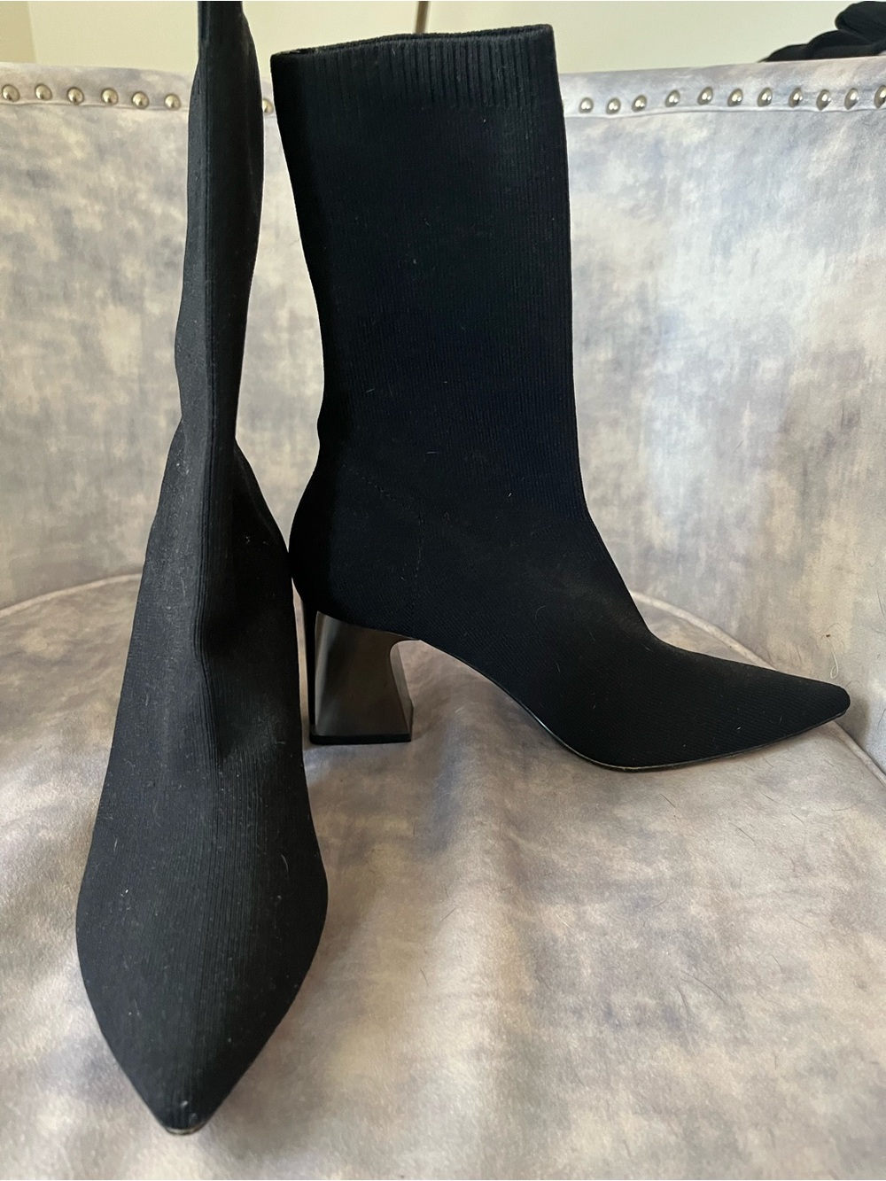 Women's Black Pointed Sock Boot with Block Heel
